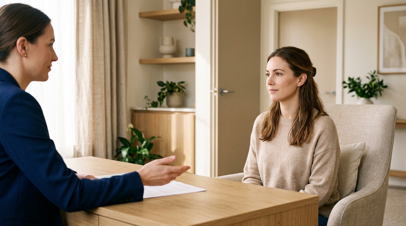 A woman sitting in a warm consultation room, looking thoughtfully at a clinician across a desk