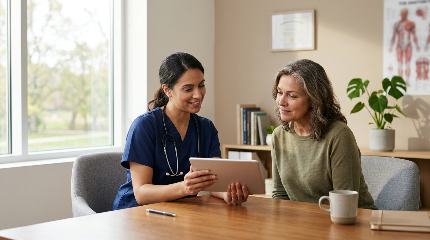 A doctor and patient reviewing health screening results together in a bright consultation room