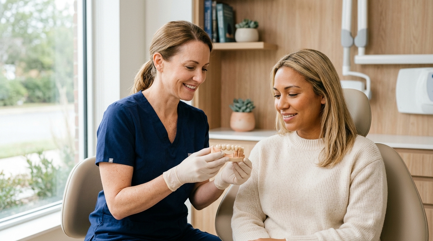 Dentist holding a ceramic dental bridge during a patient consultation in a modern surgery