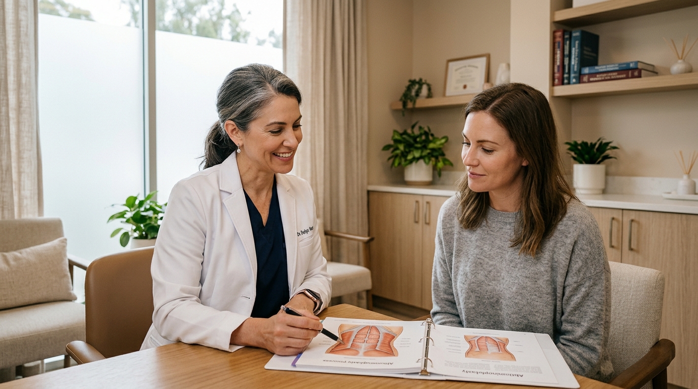 A surgeon and patient reviewing abdominal anatomy diagrams during a consultation