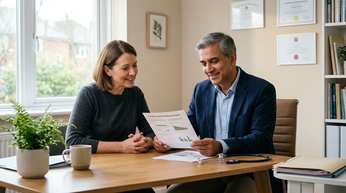 A physician reviewing printed cardiac test results with a patient in a bright consultation room