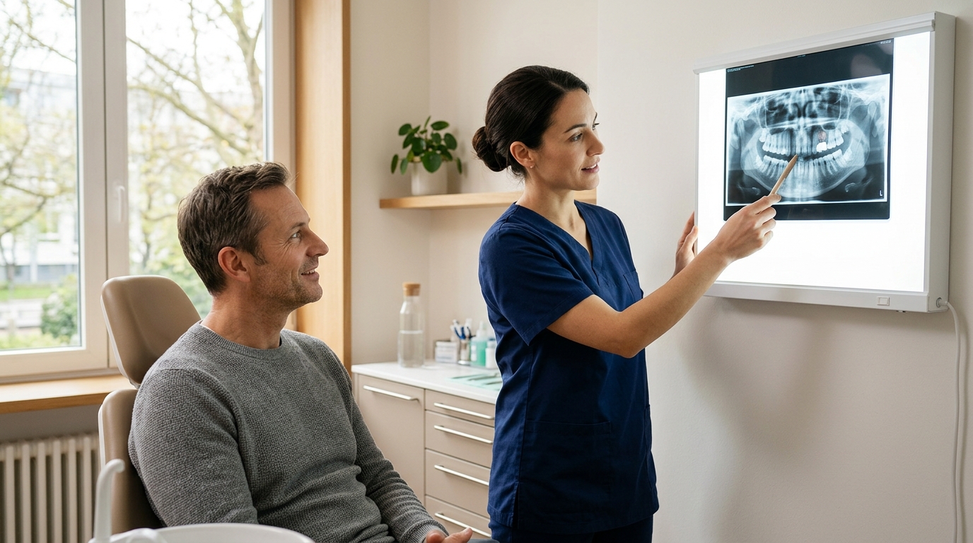 Dentist and patient reviewing a dental jaw X-ray together in a consultation room