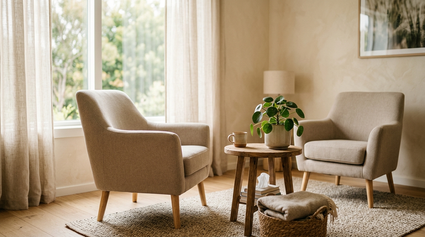 A quiet therapy room with two chairs, soft natural light through a window, and warm neutral tones