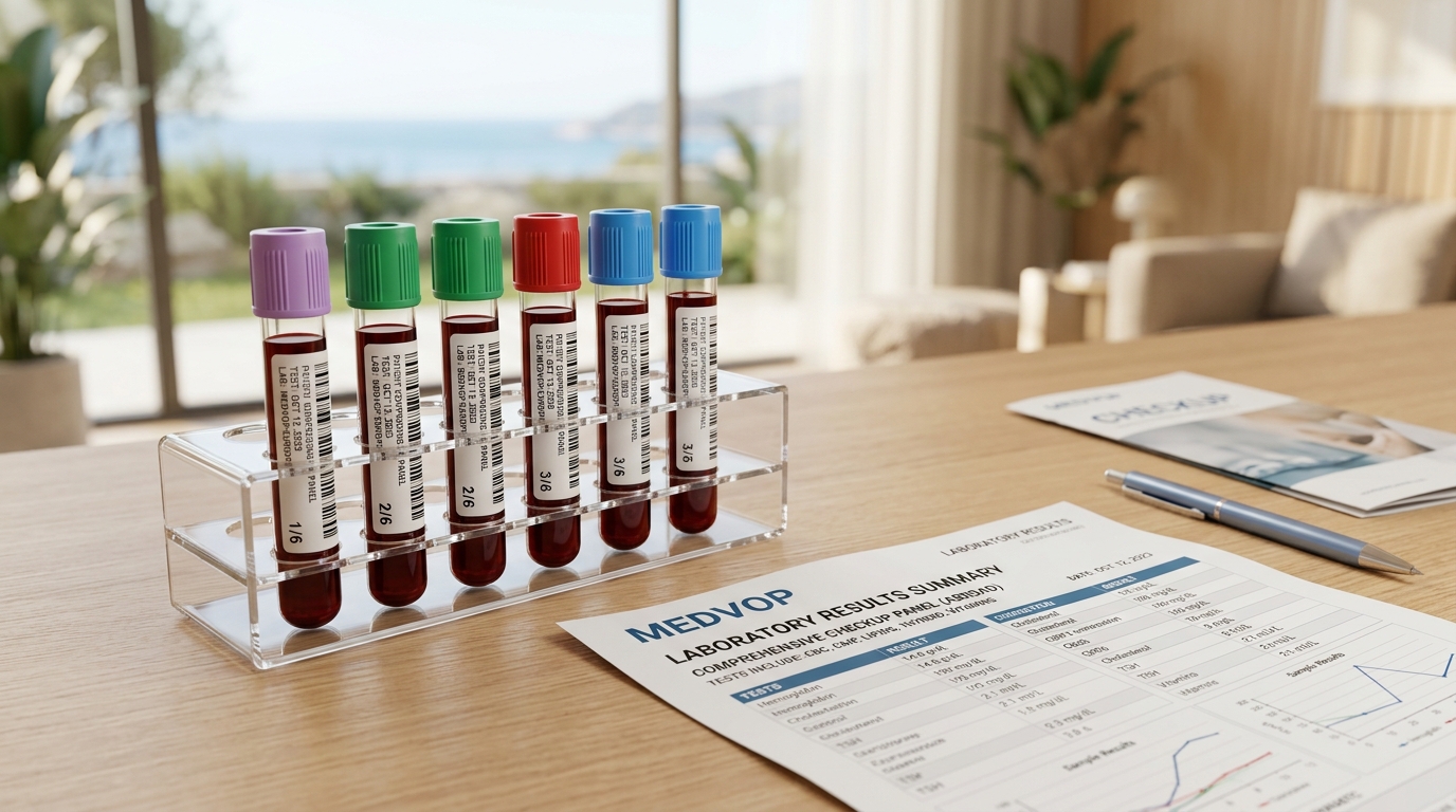 Labelled blood sample tubes and a printed laboratory results form on a clinical surface
