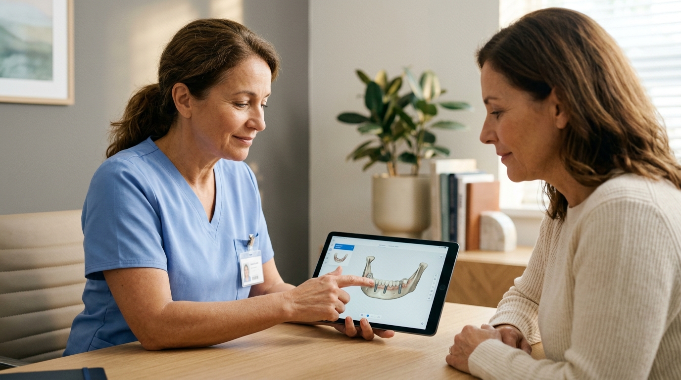 Dentist and patient reviewing a dental X-ray together during a calm consultation