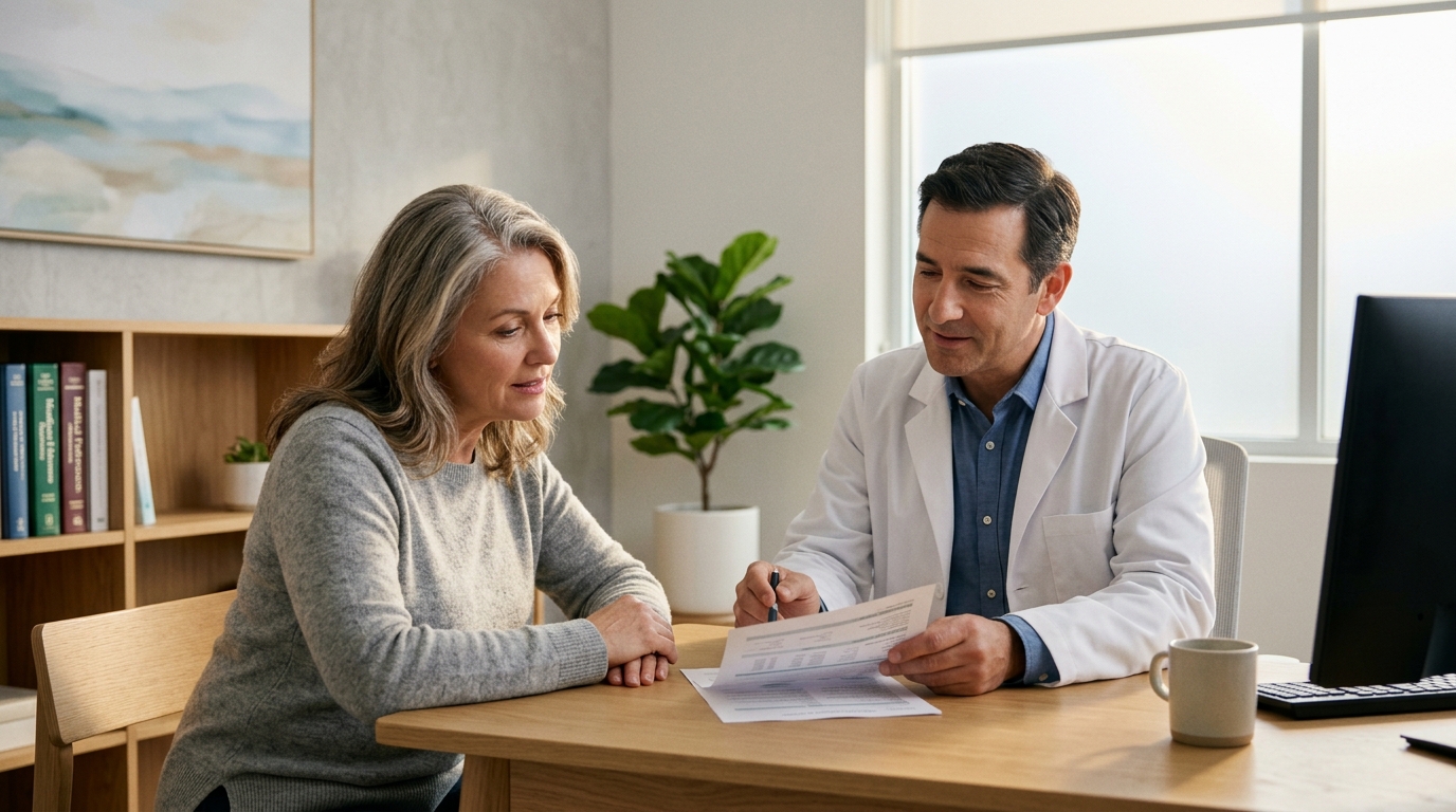 A patient reviewing health documents with a physician in a calm, well-lit consultation room
