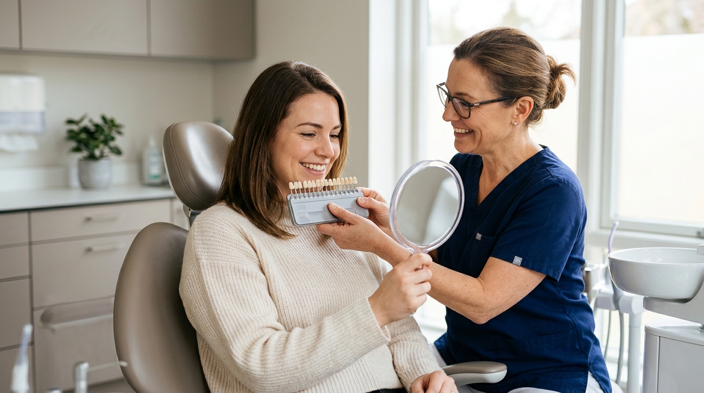 Dentist holding a shade guide during a veneer consultation with a patient